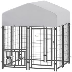 PawHut Welded Wire Outdoor Dog Kennel with 360° Rotating & 4 Levels Adjustable Bowls, Waterproof Cover, 3.9' x 3.9' x 4