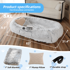 Human Dog Bed, Large Size Fits You and Pets, Washable Faux Fur Dog Bed for People Doze Off, Napping Orthopedic Dog Bed, Present Plump Pillow, Blanket (Color: Gray, size: 5XL(63"L ×31.4"W ×9.5"Th))